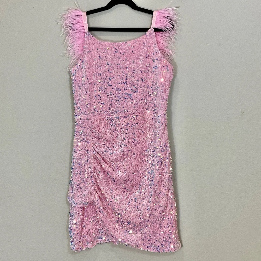Zunie Pink Sequin Dress with Feather Detail Size 14